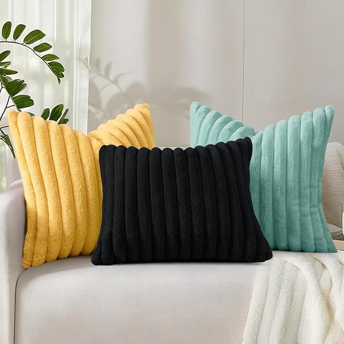 decorUhome Summer Cozy Faux Fur Throw Pillow Covers 12x20 Set of 2 Decorative Plush Striped Lumbar Modern Farmhouse Boho Couch Pillow Cases with Velvet Back for Sofa Bed Living Room, Mustard Yellow