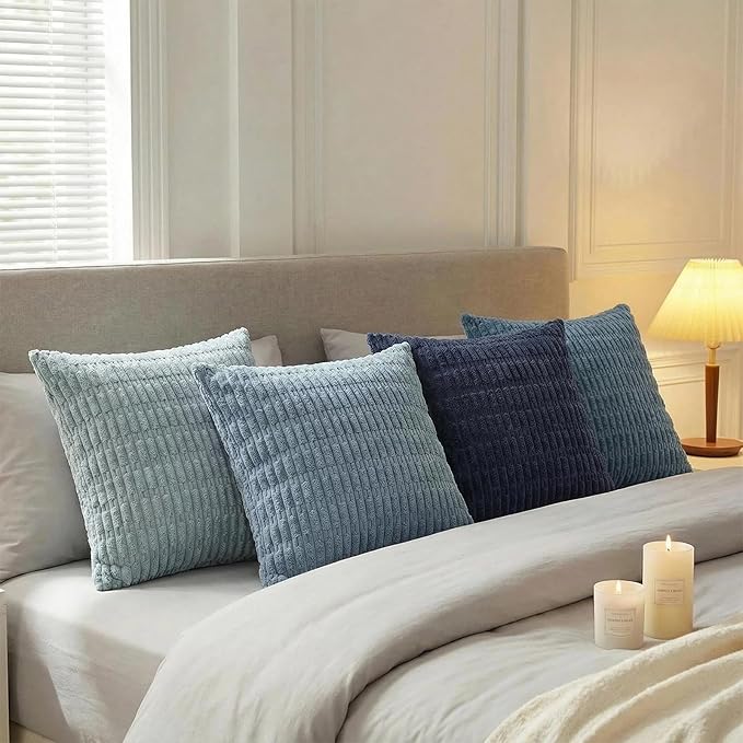Fancy Homi Set of 4 Blue Decorative Throw Pillow Covers 16x16 Inch for Couch Bed Chair, Modern Farmhouse Boho Room Decor, Soft Fuzzy Corduroy Textured Striped Coastal Blue Cushion Case 40cm