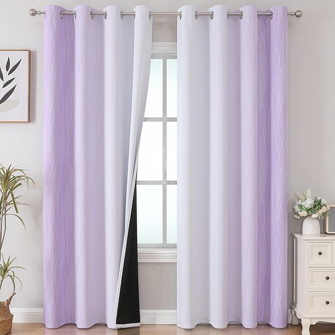 Estelar Textiler Lilac and Greyish White Ombre Blackout Curtains 90 Inch Length 2 Panels Set, Thermal Insulated Drapes for Bedroom,Full Light Blocking Grommet Gradient Curtains for Living Room,52Wx90L