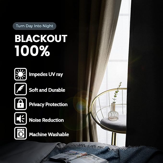 SimpleHome 100% Blackout Curtains for Bedroom,Thermal Insulated Grommet Window Drapes Room Darkening Beige Curtains for Living Room with Black Back,52 x 96 Inch,2 Panels