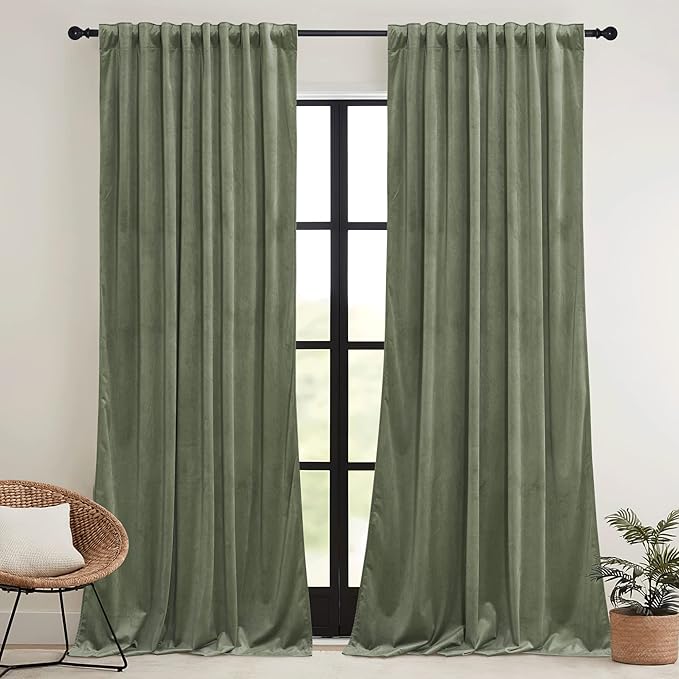 RYB HOME Sage Green Velvet Curtains 92 inches with Hook Belt, Soft Fabric Room Darkening Thermal Insulated Luxurious Home Decor Curtains for Living Room Bedroom, W 52" x L 92", 2 Panels Set