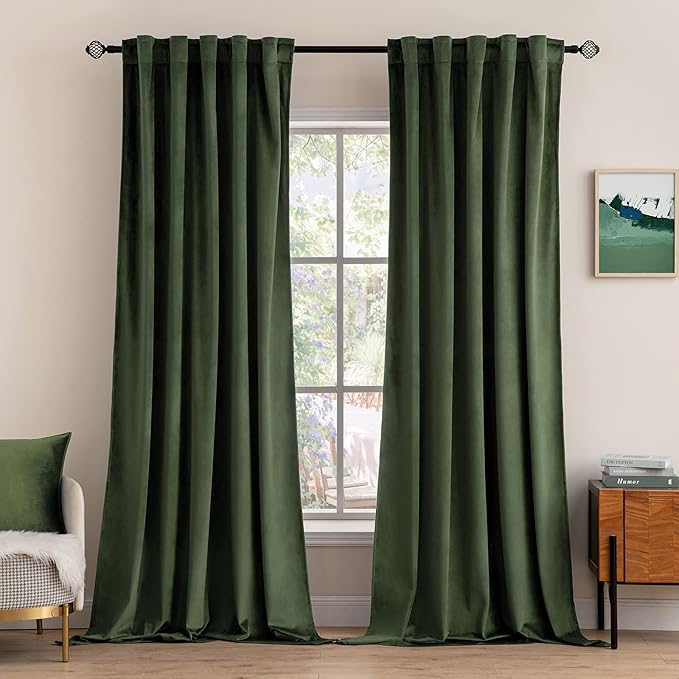 MIULEE Velvet Curtains 100 inches - Luxury Blackout Curtains for Bedroom Living Room Thermal Insulated Super Soft Window Drapes Rod Pocket & Back Tab, Olive Green, W52 x L100 inches, 2 Panels