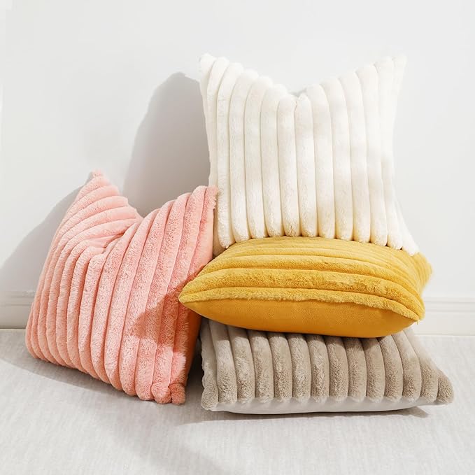 decorUhome Summer Cozy Faux Fur Throw Pillow Covers 20x20 Set of 2 Decorative Plush Striped Modern Farmhouse Boho Couch Pillow Cases with Velvet Back for Sofa Bed Living Room, Blush Pink
