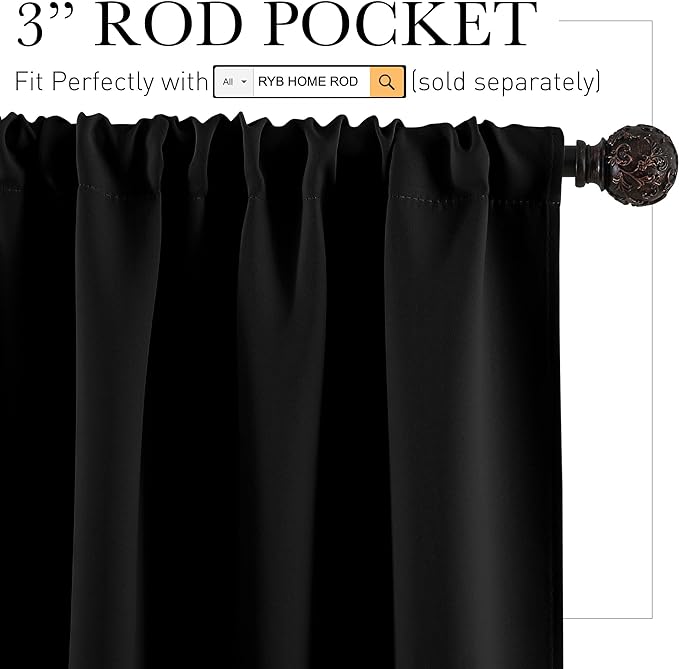RYB HOME Blackout Curtains for Bedroom 84 inches Long 2 Panels Set, Privacy Thermal Insultaed Sunlignt Heat Blocking Drapes for Nursery Rental Room, Width 42 by Length 84, Black
