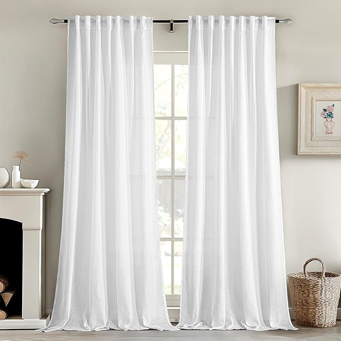 MIULEE White Linen Curtains 98 Inch Long 2 Panels for Bedroom Living Room, Soft Thick Linen Textured Back Tab Window Drapes Semi Sheer Light Filtering Rod Pocket Modern Farmhouse Decor