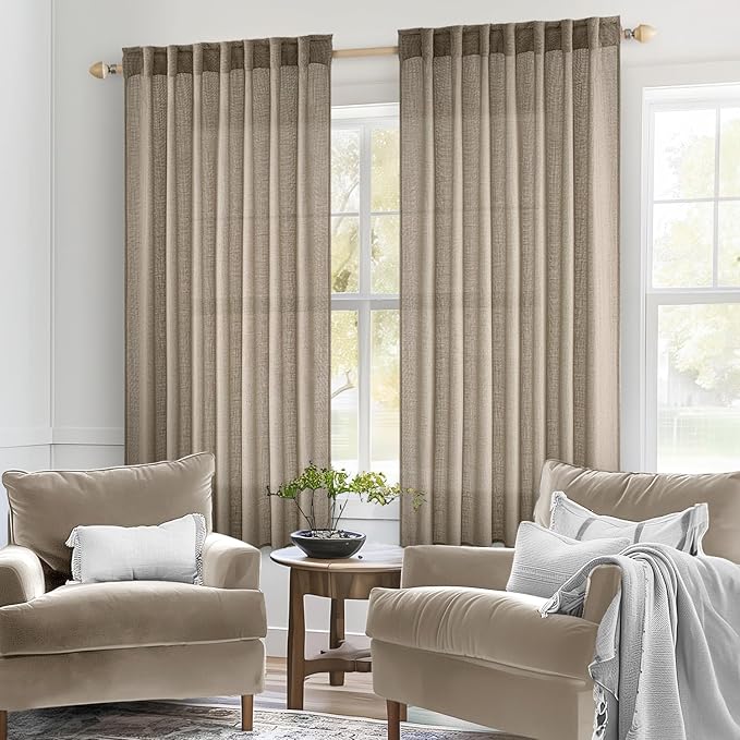 MIULEE Taupe Grey Linen Curtains 45 Inch Length 2 Panels for Bedroom Living Room, Soft Linen Textured Window Drapes Semi Sheer Light Filtering Back Tab Rod Pocket Farmhouse Modern Burlap Look Decor