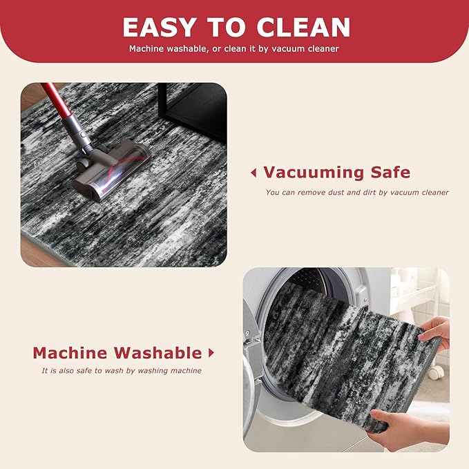 KOZYFLY Modern Abstract Washable Runner Rug 2.6x18 Hallway Runners Non-Slip Soft Kitchen Rugs, Black Grey Striped 18 Foot Carpet Runner for Stair Entryway Laundry Room Foyer