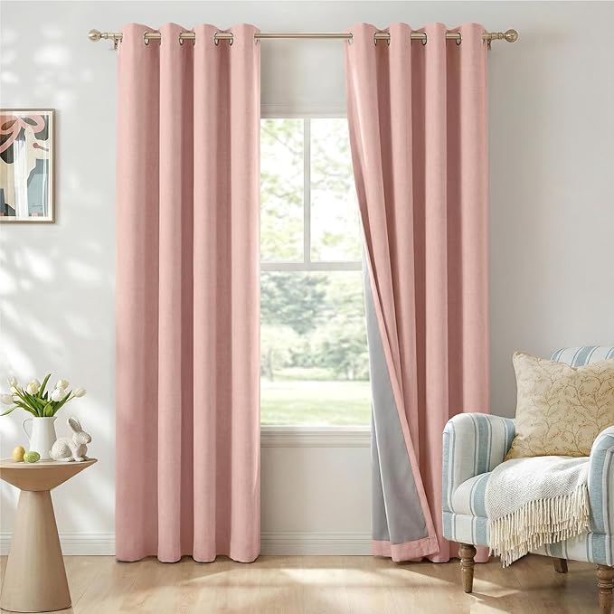 100% Blackout Shield Linen Blackout Curtains for Bedroom, Blush Pink Grommet Curtains for Living Room, Thermal Insulated Room Darkening Drapes for Nursery, Boho Home Decor, 50" W x 72" L, 2 Panels