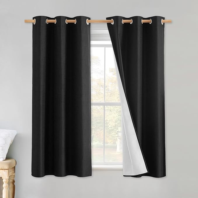 NICETOWN Vintage Open Linen Weave Flax Thermal Curtains, 100% Blackout Curtains 54" Long for Dining Room, Soundproof Window Treatment Drapes for Cafe, Black, 42" Wide Per Panel, Set of 2