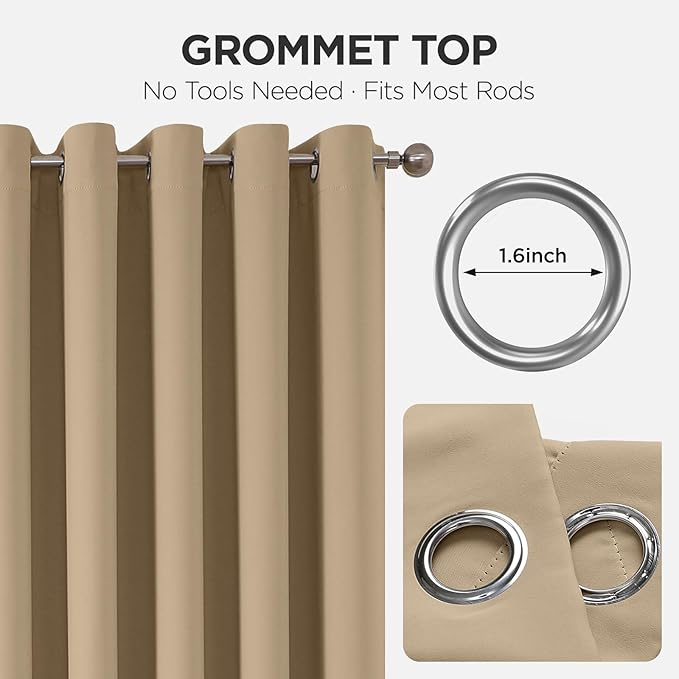 Joydeco Blackout Patio Sliding Door Curtains 90 Inches Long, Grommet Privacy Room Divider Curtains, Extra Wide Thermal Blackout Drapes for Bedroom Living Room (Light Beige, 100Wx90L, 1 Panel)