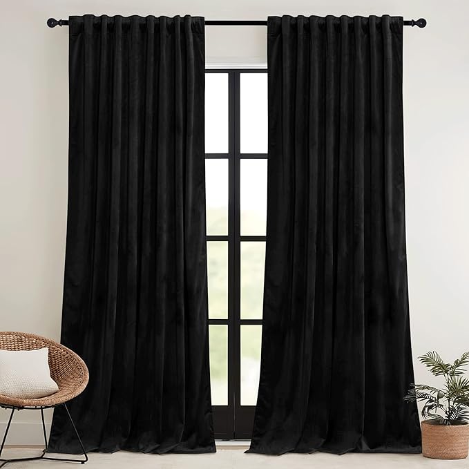 RYB HOME Velvet Blackout Curtains for Bedroom - Black Super Soft Room Darkening Thermal Insulating Window Drapes for Living Room Dining Backdrop, W 52 x L 90 inch, 2 Panels