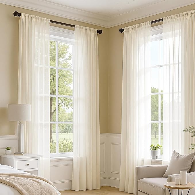 MIULEE Butter Cream Sheer Curtains 108 Inches Long, 4 Panels Set, Rod Pocket Voile Drapes Light Filtering and Semi Transparent, Elegant Window Treatments for Bedroom Living Room,54 x 108 Inches