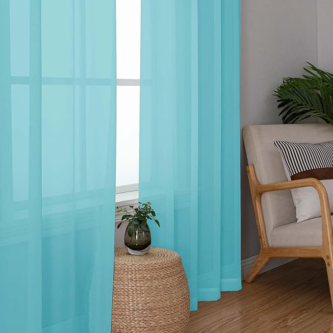 OWENIE Short Aqua Sheer Curtains 36 Inch Length 2 Panels Set, Kitchen Tiers Curtains Light Filter Rod Pocket Voile Cafe Curtain for Basement Bathroom Small Half Window, 42" W x 36" L, Aqua