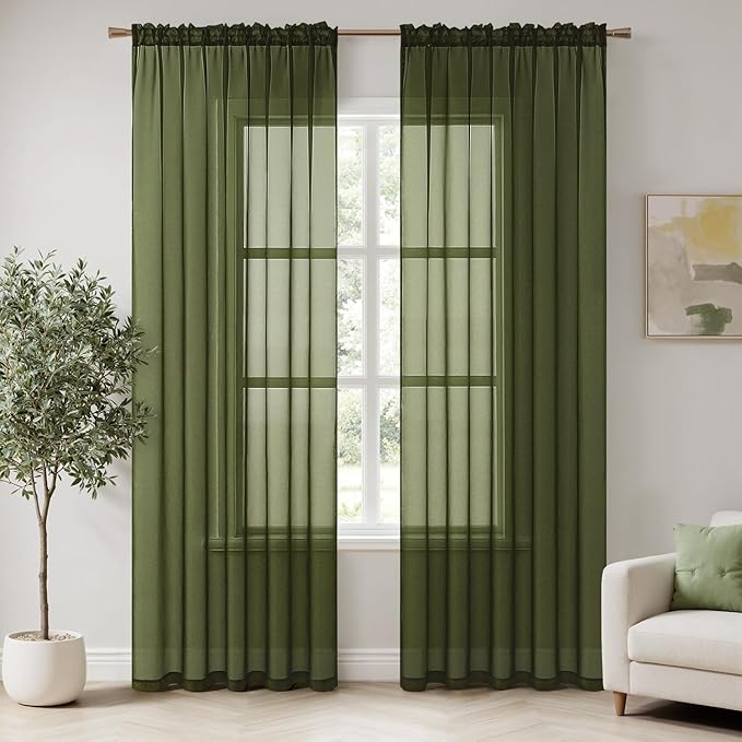 MIULEE 2 Panels Solid Color Sheer Window Curtains Elegant Window Voile Panels/Drapes/Treatment for Bedroom Living Room (54X45 Inches Olive Green)
