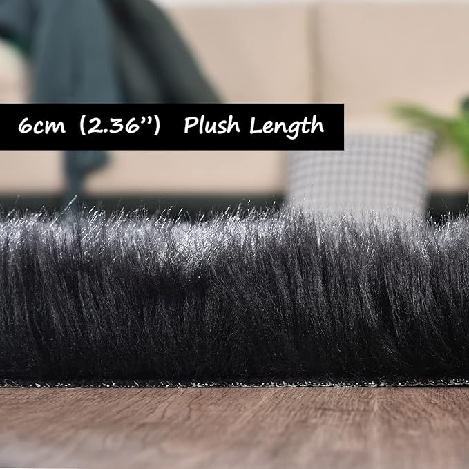 Goolela Black Sheepskin Area Rug 8x10 Fluffy Fuzzy Furry Shag Carpet for Living Room Bedroom Faux Fur Plush Rectangle