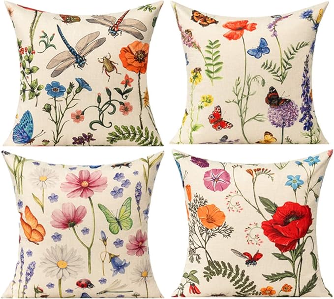 All Smiles Outdoor Patio Throw Pillow Covers 18x18 Set of 4 Spring Summer Garden Flowers Farmhouse Décor Outside Furniture Bench Chair Decorative Cushion Cases for Swing Deep Seat Bed Couch Sofa