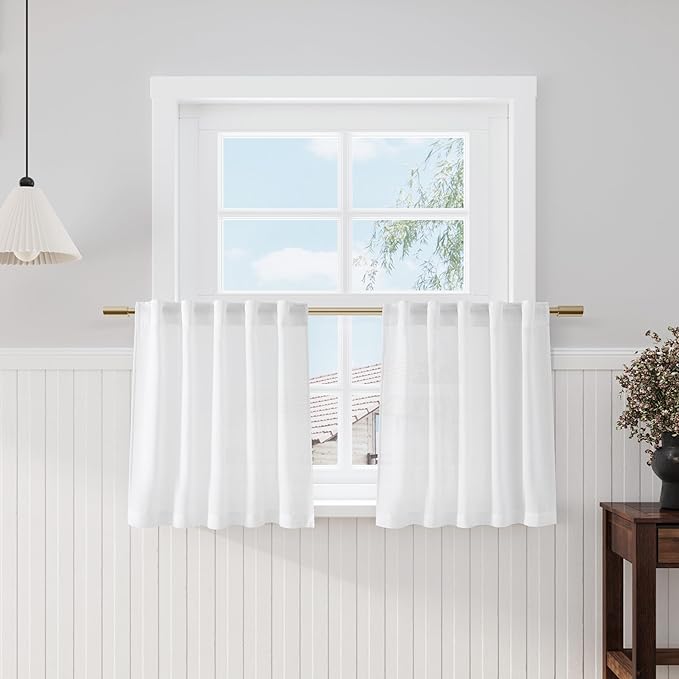Nanspring White Linen Cafe Curtains 24 Inch Length 2 Panels Light Filtering Semi Sheer Mini Curtains for Small Window Basement Bathroom Back Tab Rod Pocket Short Sheer Kitchen Curtain 36x24 Inches