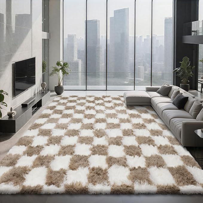 Large Shag Area Rug for Bedroom, 9x12 Ft Beige and White Area Rug Classic Checkered Shaggy Anti-Skid High Pile Soft Fluffy Rug Fuzzy Carpet for Living Room Bedroom Kids Room Nursery, Dorm Home Decor