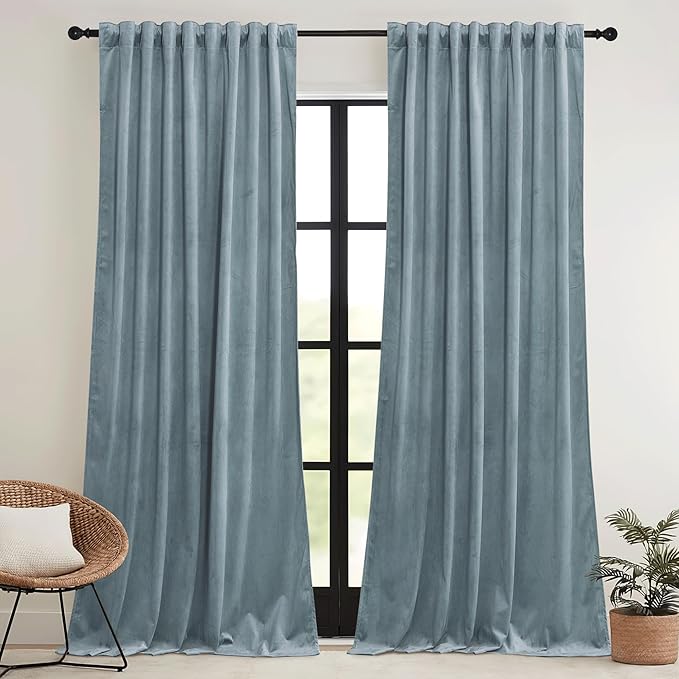 RYB HOME Stone Blue Velvet Curtains 72 inches with Hook Belt, Soft Fabric Room Darkening Thermal Insulated Luxurious Home Decor Curtains for Living Room Bedroom, W 42" x L 72", 2 Panels Set