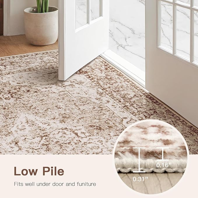 Lofus 5x8 Area Rugs for Living Room, Washable Area Rug, Rugs for Bedroom, Kitchen, Vintage Boho Carpet, Soft Non-Slip, Low Pile Large Area Rug for Office Dining Room, Vintage Beige Brown