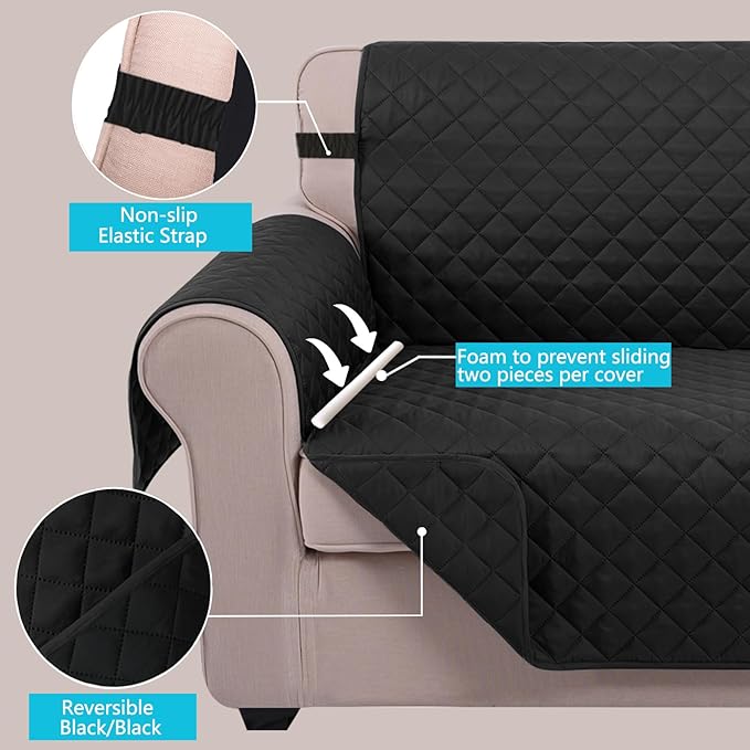 U-NICE HOME Reversible Sofa Cover Couch Cover for Dogs with Elastic Straps Water Resistant Furniture Protector for Pets Couch Cover for 3 Cushion Couch (Sofa, Black/Black)