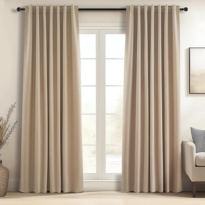 Topfinel Blackout Curtains 92 Inch Long for Bedroom Living Room Linen Textured Farmhouse Room Darkening/Thermal/Noise Reduction Window Treatment Drapes with Hooks 2 Panels, 2x52Wx92L Tan Taupe