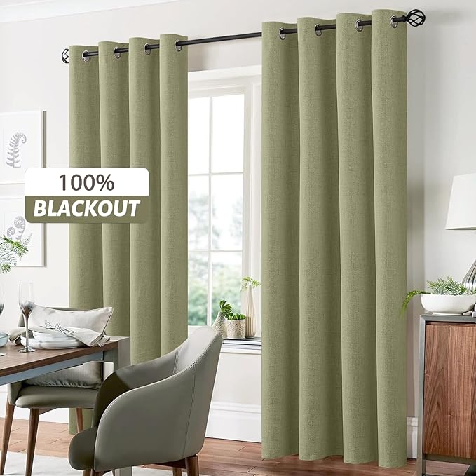 Yakamok Sage Green Linen Curtains 100% Blackout 96 Inches Long,Room Darkening Textured Curtains for Living Room Thermal Grommet Bedroom Curtain 2 Panels with Greyish White Liner