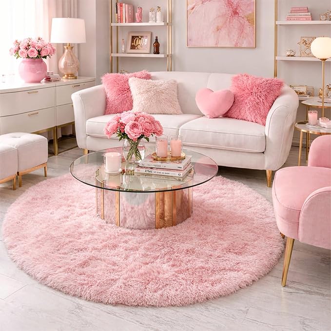 Pink Round Area Rugs 6Ft for Bedroom Living Room, Big Fluffy Shag Circle Rug for Kids Playroom, Cute Preppy Room Decor for Teen Girls, Cozy Fuzzy Furry Plush Carpets for Baby Nursery, Dorm, Classroom