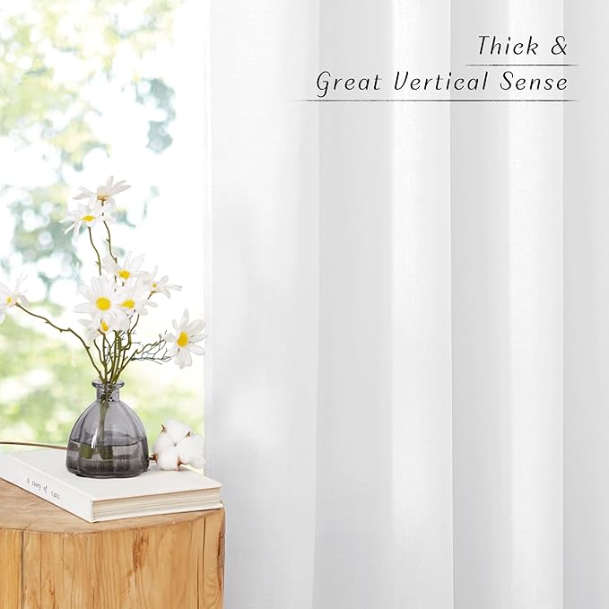 NICETOWN Linen Flax Semi Sheer Curtains 92" Length, Grommet Window Treatments Privacy Added with Light Penetration Vertical Drapes for Loft/Home Office, White, W55 x L92, 2 Panels