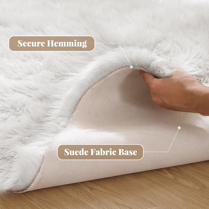 ORINOVA White Small Circle Fluffy Rugs for Bedroom Washable Faux Sheepskin Shaggy Fur Area Rugs for Living Room Round Rug 4ft Nursery Rug