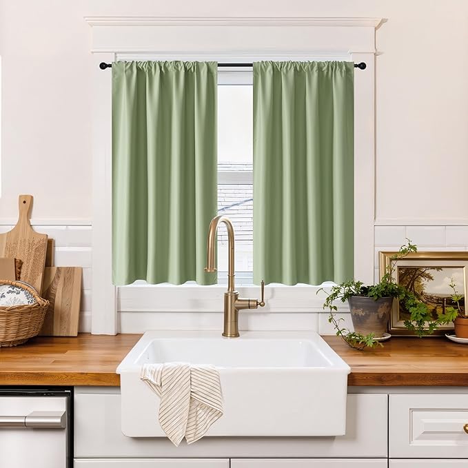 RYB HOME 100% Blackout Short Curtains for Small Window, Thermal Insulated Total Room Darkening Noise Reducing Curtains for Kitchen Bathroom Basement, 52 inches Wide by 36 inches Long, Sage Green