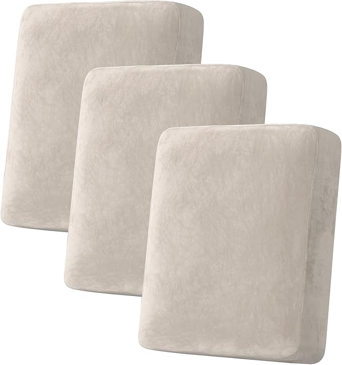 H.VERSAILTEX Velvet Stretch Couch Cushion Cover Plush Cushion Slipcover for Chair Loveseat Sofa Cushion Furniture Protector Seat Cushion Sofa Cover (3 Piece Sofa Cushion Covers, French Oak)