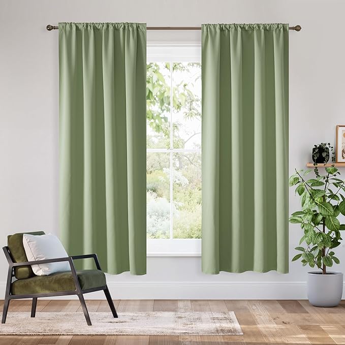 RYB HOME Bedroom Blackout Curtains 72 inches Long, 100% Blackout Thermal Insulated Noise Reducing Curtains for Living Room Nursury, 34 inches Wide by 72 inches Long, Sage Green