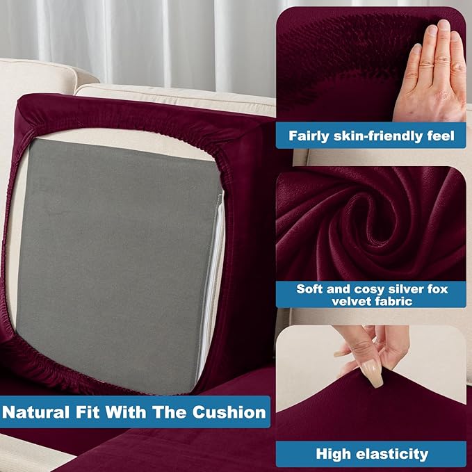 Couch Cover 8-Piece Elastic Velvet Couch Cushion Covers & Chaise Slipcovers for L-Shaped Sofas, Sofa Seat Covers Washable, Soft Cover for Couches (7 Seater + Chaise, Wine)