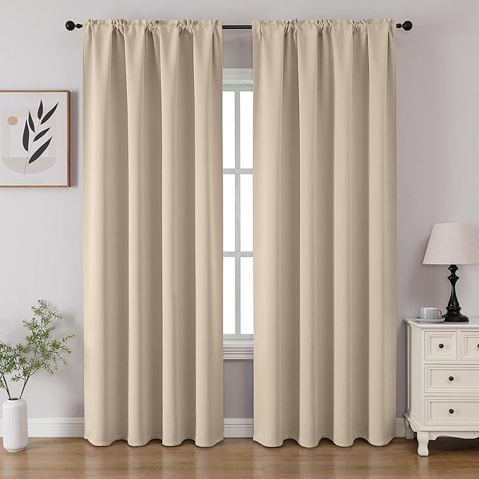 CUCRAF Light Beige Blackout Curtains 72 inch Length 2 Panels Set, Rod Pocket Room Darkening Drapes for Bedroom Living Room, Insulated Thermal Light Blocking Window Curtain (W52 x L72 Inch)