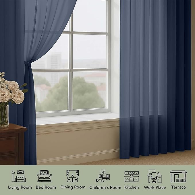 OWENIE Navy Blue Sheer Curtains 72 Inches Long 2 Panels Set, Transparent Voile Sheer Curtain for Living Room Bedroom Window Sliding Glass Door Treatment, 59 x 72 Inch, Navy Blue