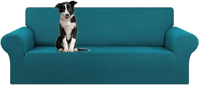 KEKUOU Stretch Oversized Sofa Slipcover 1 Piece Couch Sofa Cover (94"-110") Furniture Protector 4 Seater Sofa with Elastic Bottom for Kids,Pet.Jacquard Checked Pattern Fabric(X Large,Peacock Blue)