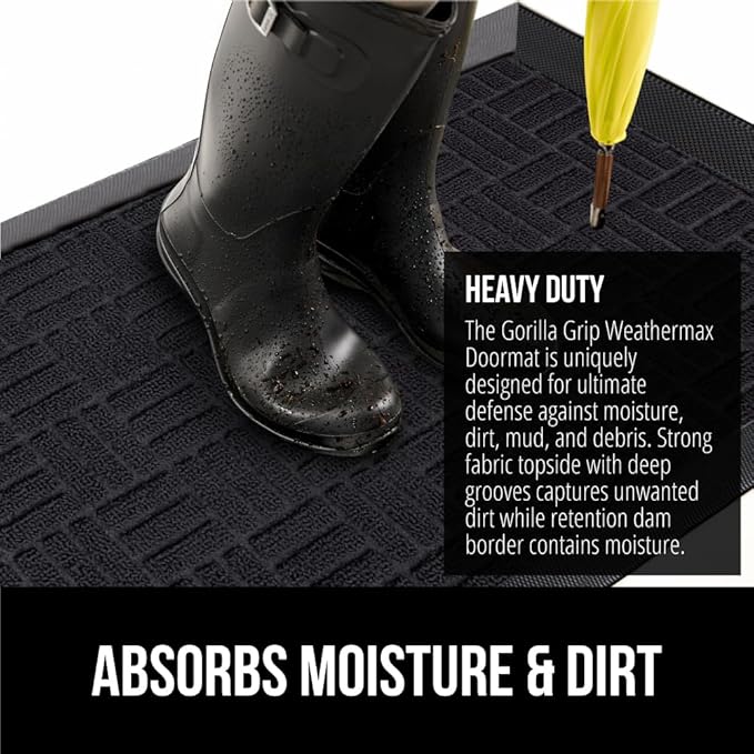 GORILLA GRIP 100% Waterproof All-Season WeatherMAX Doormat, 60x24, US Designed Natural Rubber, Stain and Fade Resistant, Low Profile Indoor Outdoor Door Mats, Easy Clean Patio Mat, Midnight Maze