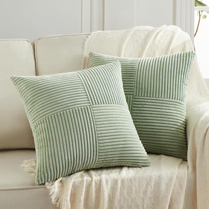 Fancy Homi 2 Packs Sage Green Euro Decorative Throw Pillow Covers 28x28 Inch for Bedroom Couch Bed, Farmhouse Boho Home Decor, Soft Corss Corduroy Patchwork Textured Square Cushion Case 71x71 cm