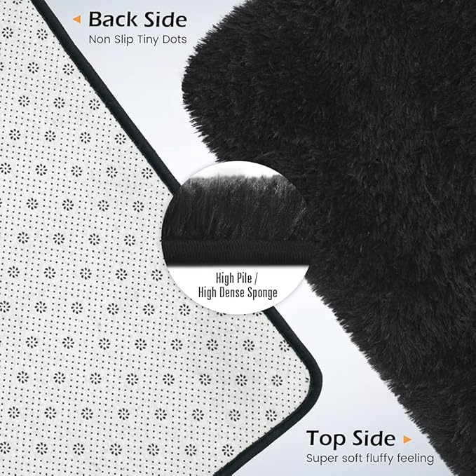 Amearea Shag Fluffy Area Rug for Bedroom Girls Living Room, Extra Soft and Fuzzy Shaggy Rugs, Non Slip, Solid Color Carpet Mat for Boys Nursery Home, Black 6x9 Feet