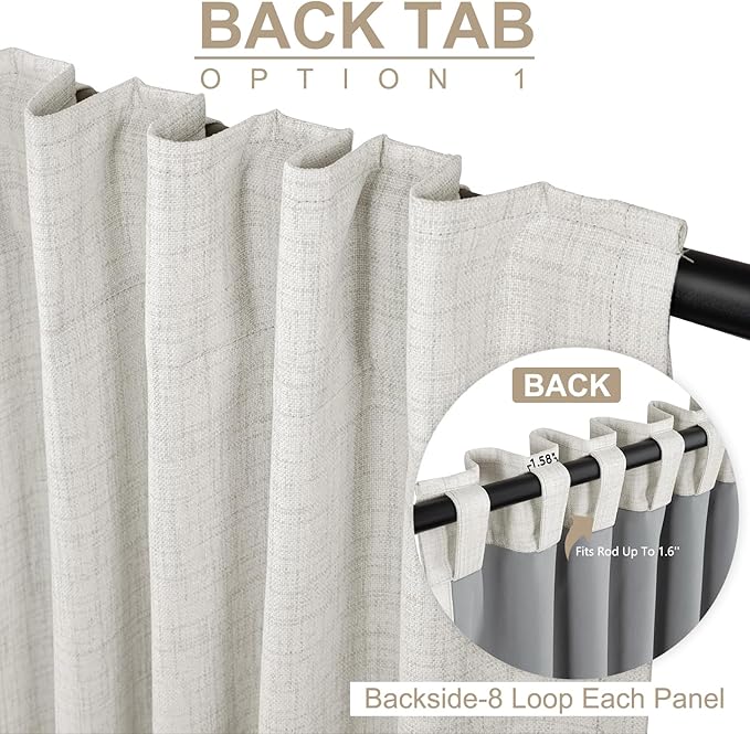 100% Blackout Shield Linen Blackout Curtains for Bedroom 96 Inches Long, Back Tab/Rod Pocket Living Room Drapes, Thermal Insulated Blackout Curtains 1 Panel Set, 100" W x 96" L, Beige