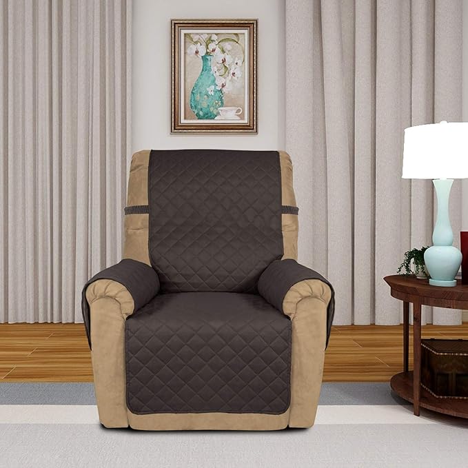 PureFit Reversible Quilted Sofa Cover, Water Resistant Slipcover Furniture Protector, Washable Couch Cover with Non Slip and Elastic Straps for Kids, Dogs, Pets (Small Recliner, Chocolate/Beige)