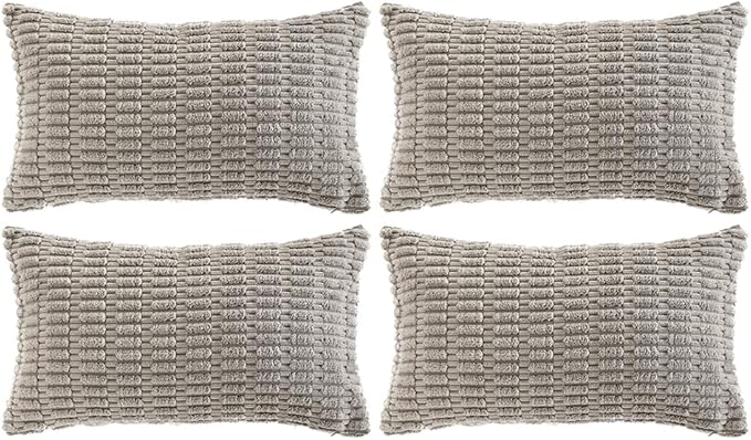 Fancy Homi 4 Packs Grey Decorative Throw Pillow Covers 12x24 Inch for Living Room Couch Bed, Rustic Modern Farmhouse Boho Home Decor, Soft Plush Corduroy Gray Cute Square Accent Cushion Case 30x60 cm