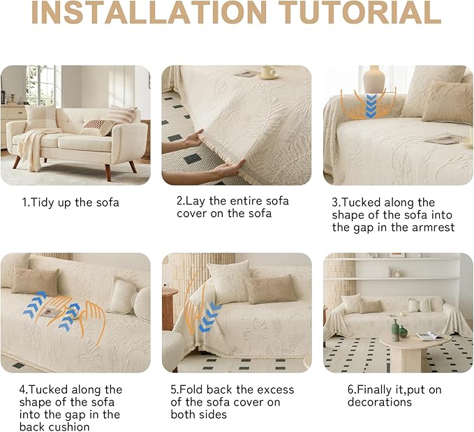 HANDONTIME Washable Couch Covers for Sofa Boho Couch Covers for 3 Cushion Sofa Pet Friendly Beige Chenille Jacquard Couch Protector for Dogs Plant Branch Sectional Cover Sofa Slipcovers, 71" X 118"