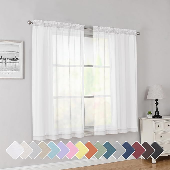 Simplebrand Rod Pocket Top Solid Voile Sheer Curtains for Bedroom, 54 Inch Length Drapes Set of 2, Lightweight and Light Filtering Elegant White Curtains Panels Window Treatment, 42W×54L, White