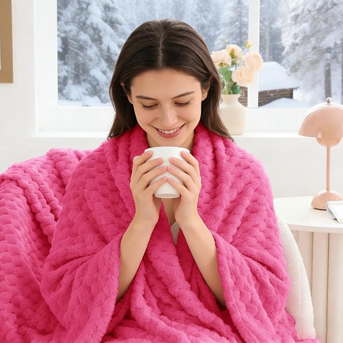 BEDELITE Fleece Throw Blanket for Couch & Bed - 3D Jacquard Decorative Hot Pink Blanket, Super Soft and Cozy Warm Fuzzy Blanket All Seasons Suitable, 50x60Inches