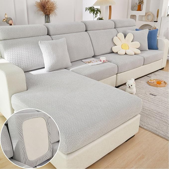 Sofa Covers Couch Covers for Sofa Pet Friendly Couch Cushion Covers Universal Sofa Covers Washable Stretch Slipcovers for Sectional Sofa (Texture Light Gray, 2 Seats + Chaise Cover)
