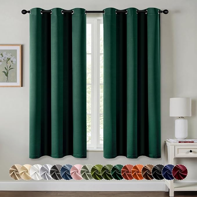 MIULEE Hunter Green Blackout Curtains - Thermal Insulated Bedroom Curtains Room Darkening Drapes for Living Room Kitchen Christmas Grommet Top Window Treatment, 40 x 45 Inches Long, 2 Panels