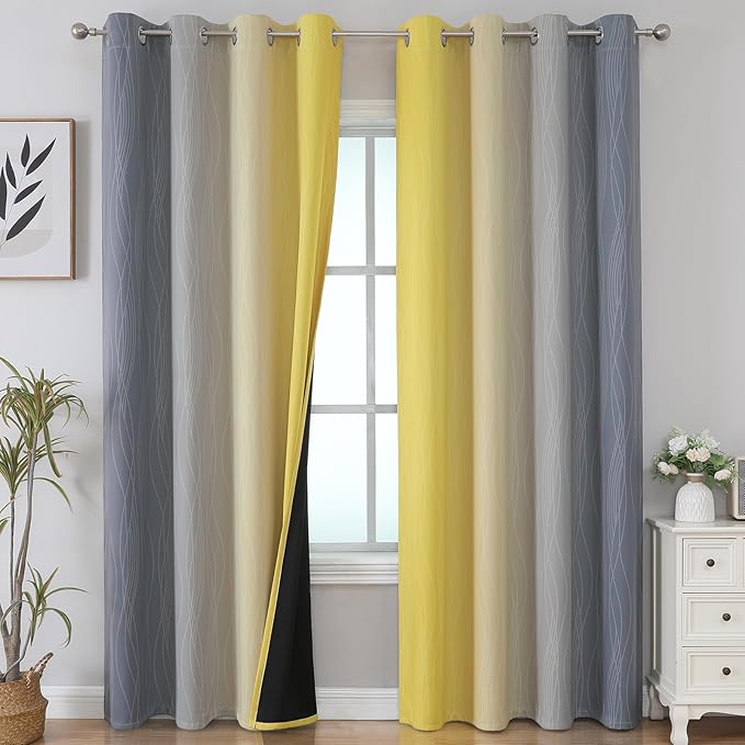 Estelar Textiler Yellow and Grey Blackout Curtains 102 Inch Length 2 Panels Set, Thermal Insulated Ombre Grommet Drapes for Bedroom, Full Room Darkening Gradient Curtains for Living Room, 52Wx102L
