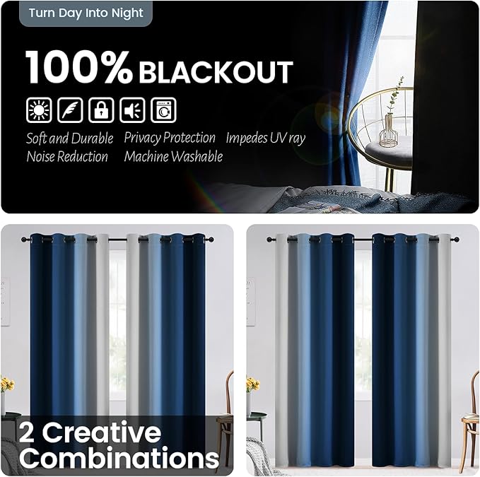 SimpleHome Blue Ombre 100% Blackout Curtains for Bedroom 96 Inches Long, Room Darkening Thermal Insulated Grommet Curtains for Living Room, 2 Panels, 52x96 inches Length